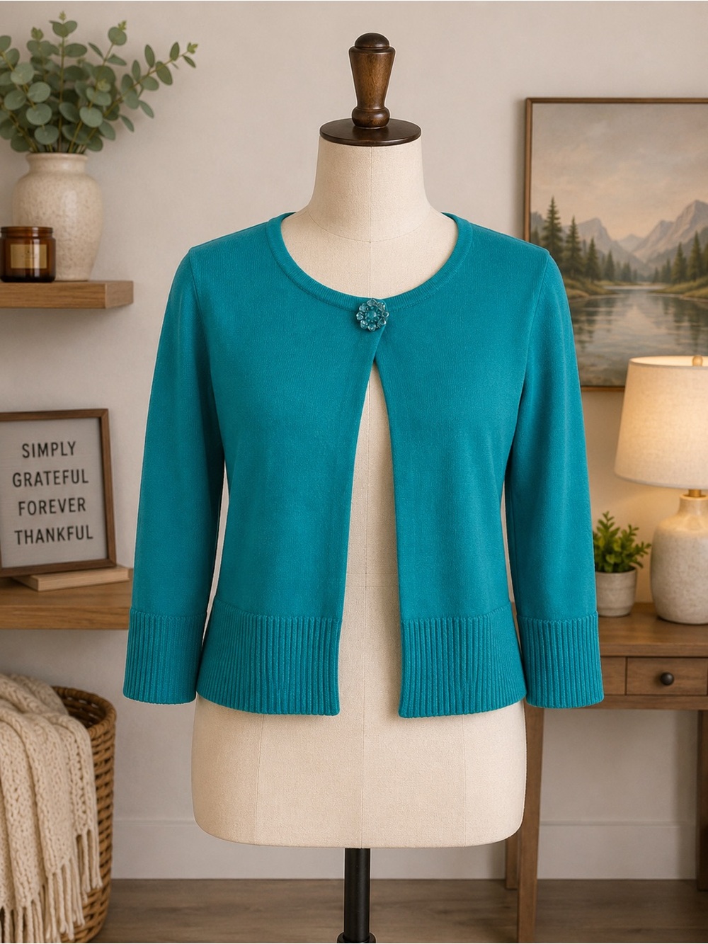Jones New York Teal Open-Front Cardigan with Decorative Button